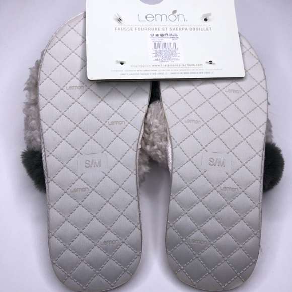 LEMON Gray Faux Fur & Creme Faux Sherpa Slippers Crisscross Style Sz S/M 5-6 - Picture 7 of 10